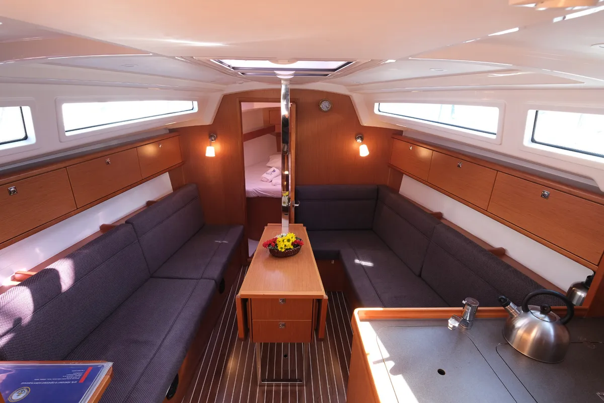 Salon of Dory 2, a Bavaria Cruiser 34 sailboat at Fethiye, Turkey