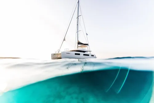 Exterior view of KaLiMar, a Lagoon 50 catamaran at Athens, Greece