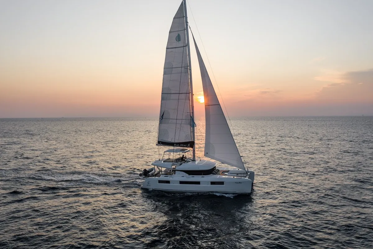 Exterior view of KaLiMar, a Lagoon 50 catamaran at Athens, Greece