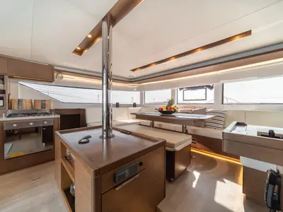 Salon of KaLiMar, a Lagoon 50 catamaran at Athens, Greece