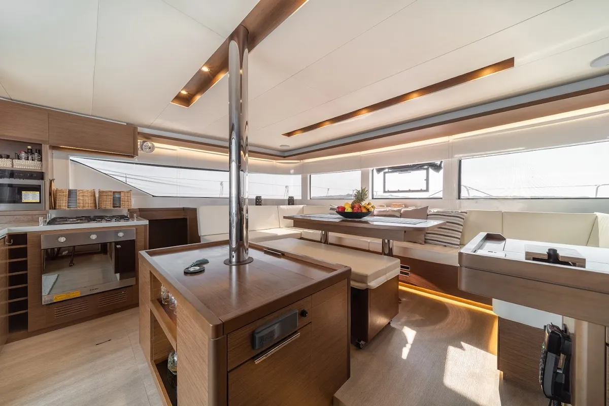 Salon of KaLiMar, a Lagoon 50 catamaran at Athens, Greece