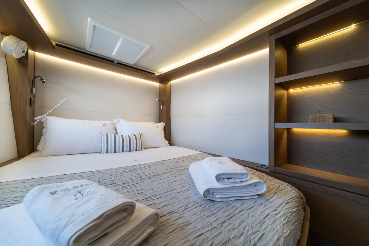 Cabin on KaLiMar, a Lagoon 50 catamaran at Athens, Greece