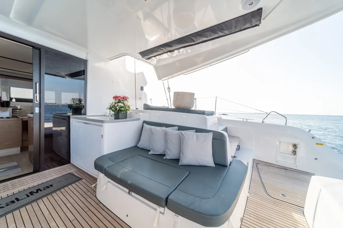 Deck of KaLiMar, a Lagoon 50 catamaran at Athens, Greece