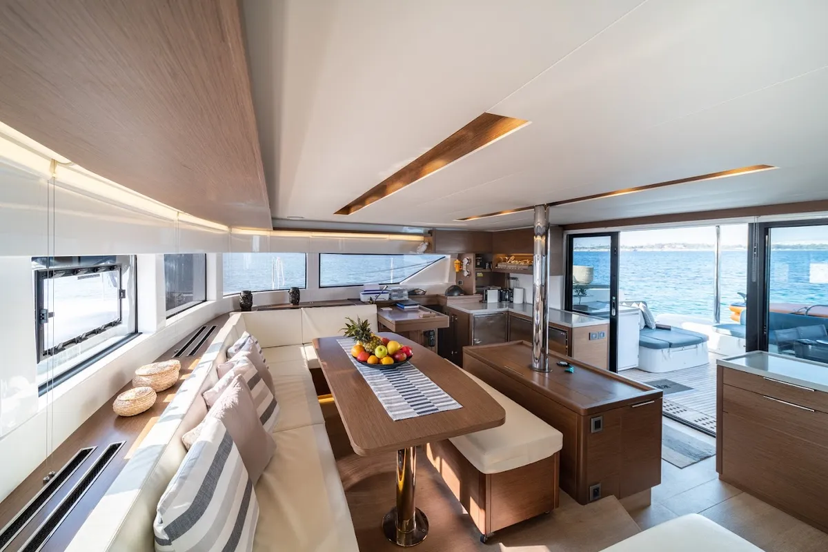 Salon of KaLiMar, a Lagoon 50 catamaran at Athens, Greece