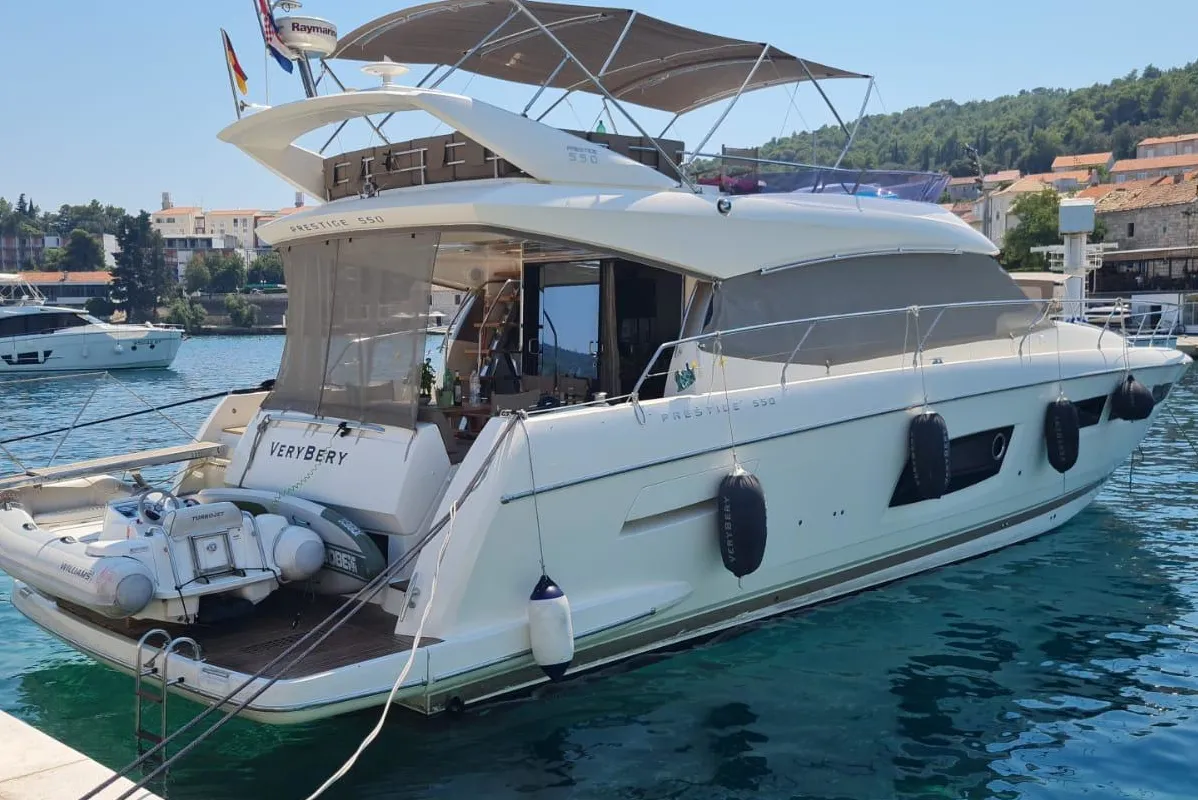 Exterior view of Very Bery, a Prestige 550 Fly motorboat at Primošten, Croatia