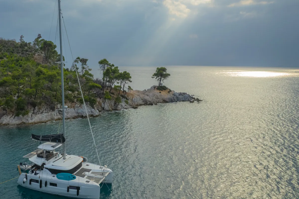Exterior view of ASTRAEUS, a Lagoon 46 catamaran at Skiathos, Greece