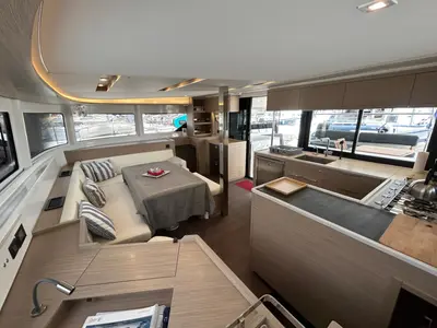 Salon of ASTRAEUS, a Lagoon 46 catamaran at Skiathos, Greece