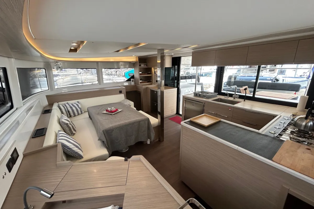 Salon of ASTRAEUS, a Lagoon 46 catamaran at Skiathos, Greece
