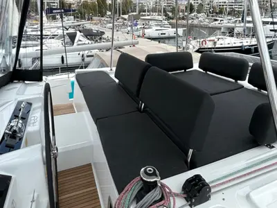 Cockpit of ASTRAEUS, a Lagoon 46 catamaran at Skiathos, Greece