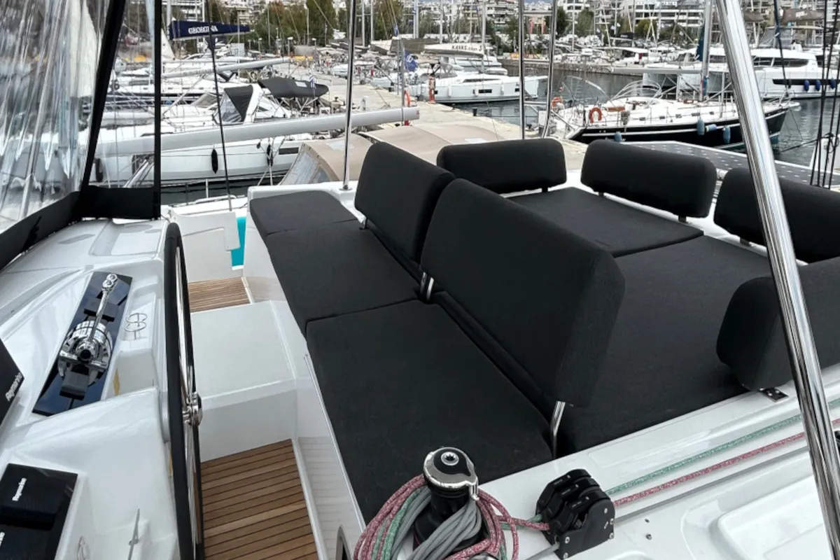 Cockpit of ASTRAEUS, a Lagoon 46 catamaran at Skiathos, Greece