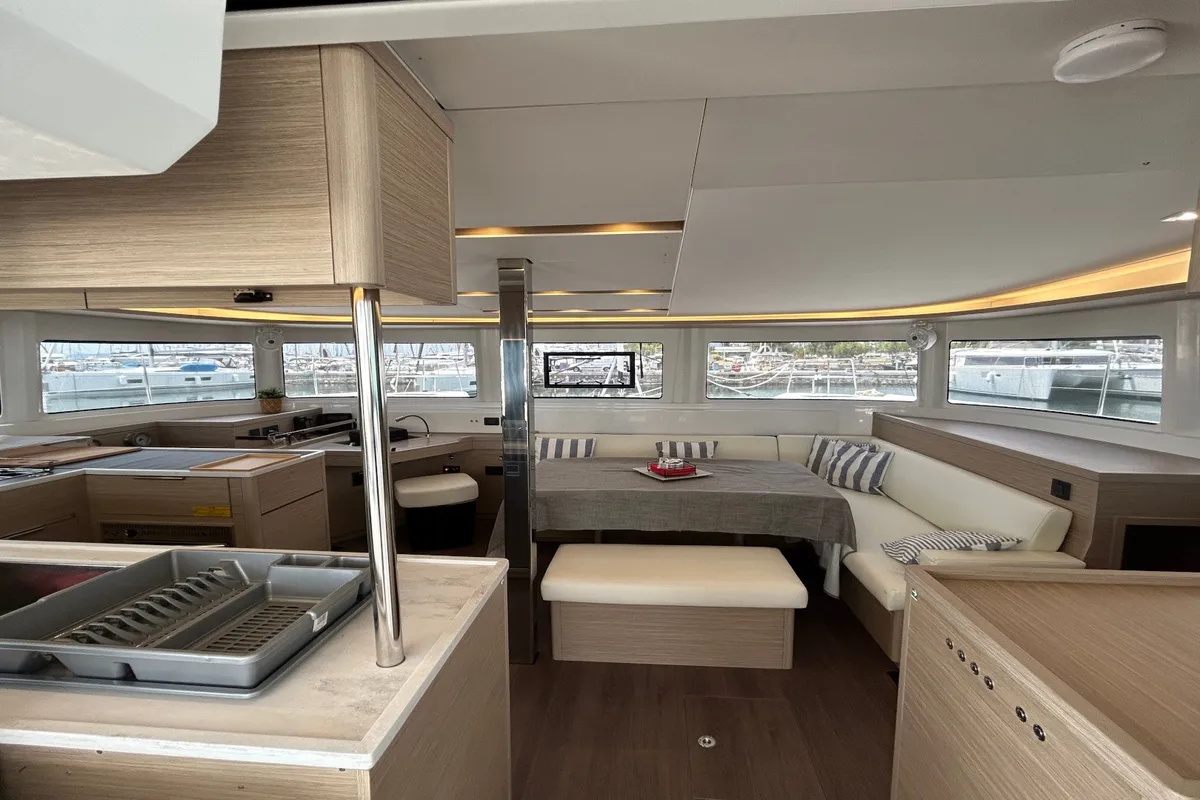 Salon of ASTRAEUS, a Lagoon 46 catamaran at Skiathos, Greece