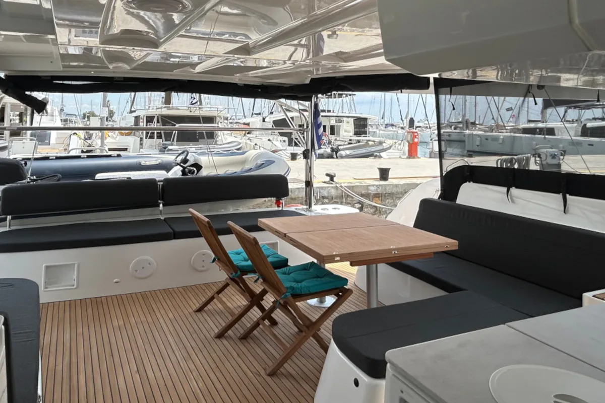Deck of ASTRAEUS, a Lagoon 46 catamaran at Skiathos, Greece