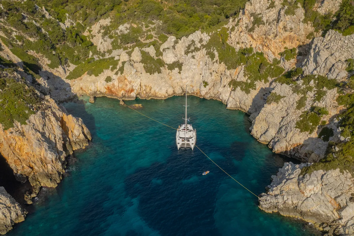 Exterior view of ASTRAEUS, a Lagoon 46 catamaran at Skiathos, Greece