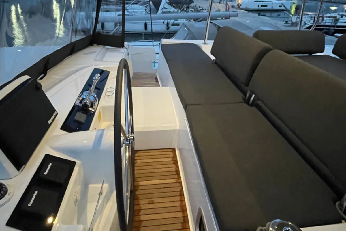 Cockpit of ASTRAEUS, a Lagoon 46 catamaran at Skiathos, Greece