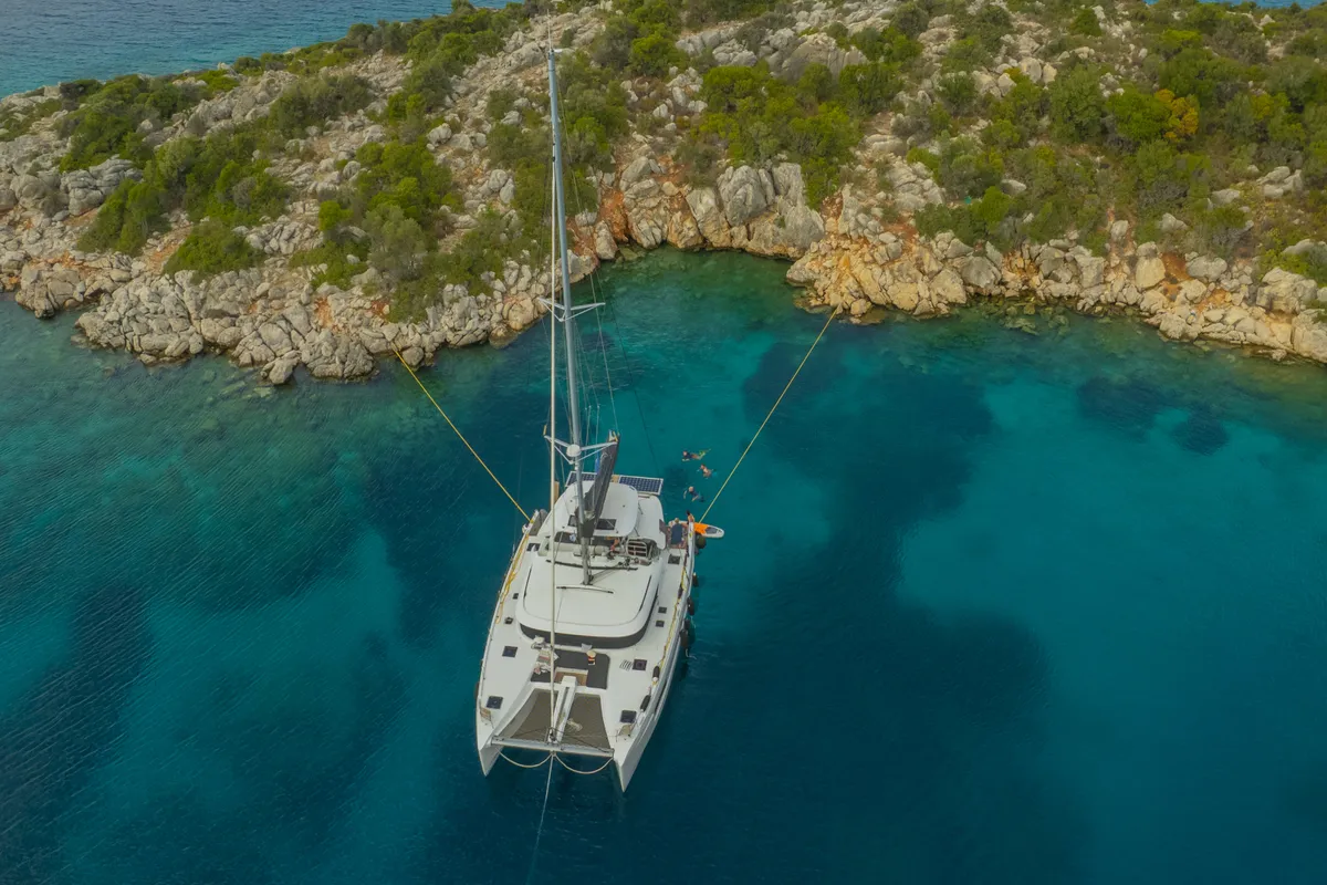 Exterior view of ASTRAEUS, a Lagoon 46 catamaran at Skiathos, Greece