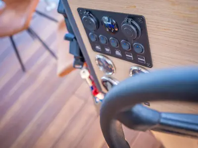 Cockpit of Frigga, a Woma D13 motorboat at Fürstenberg/Havel, Germany