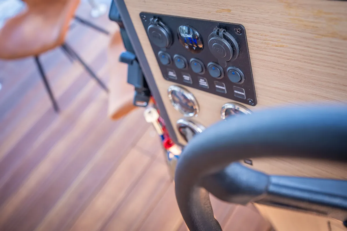 Cockpit of Frigga, a Woma D13 motorboat at Fürstenberg/Havel, Germany