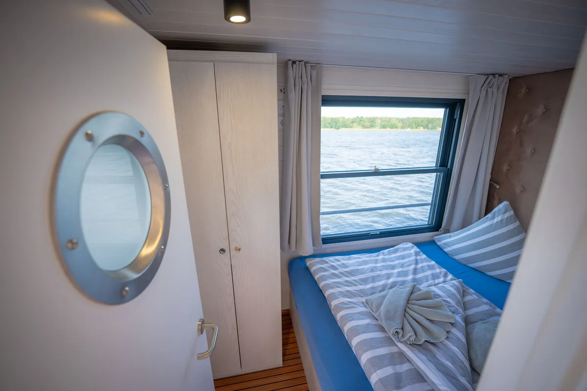 Cabin on Frigga, a Woma D13 motorboat at Fürstenberg/Havel, Germany