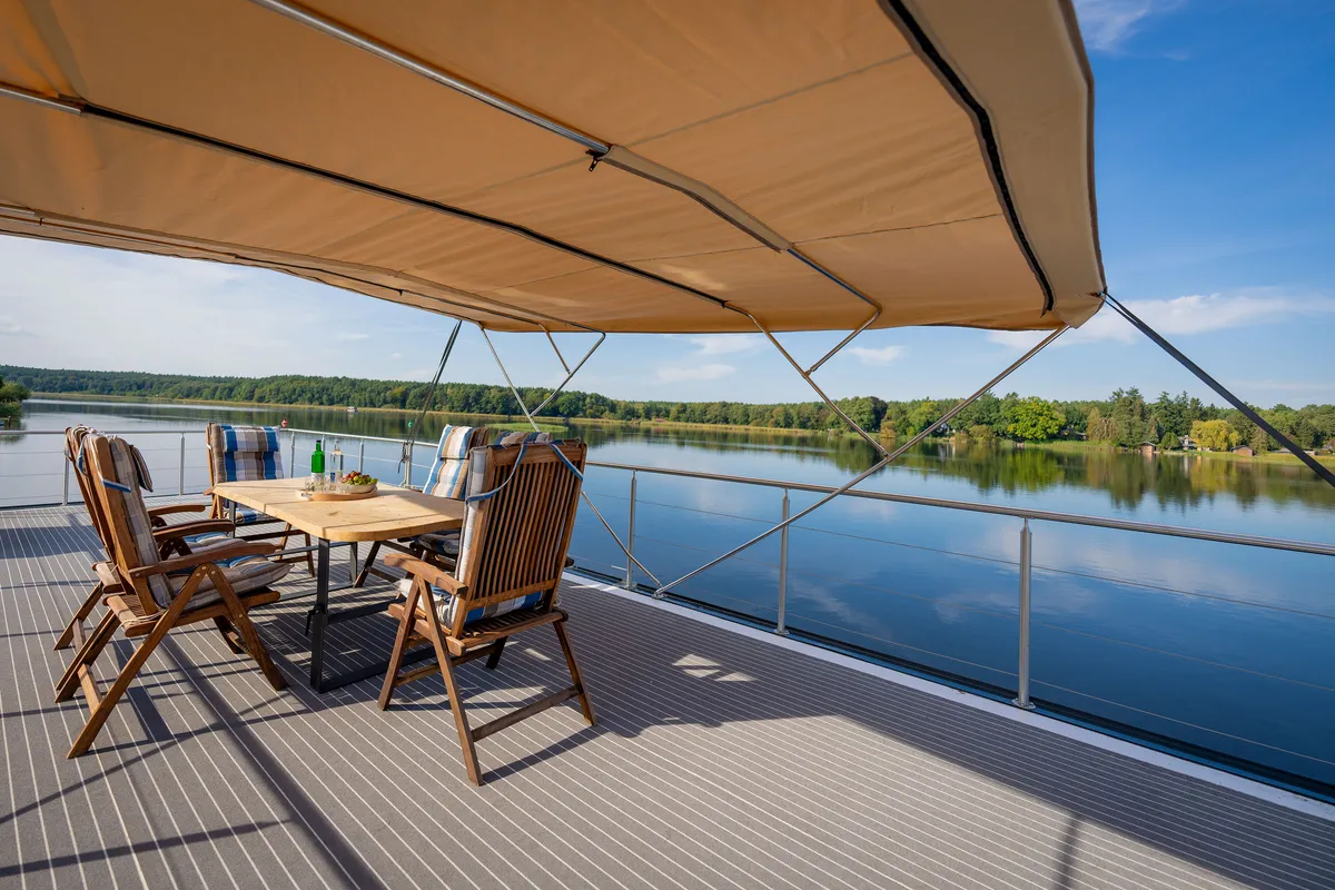 Deck of Frigga, a Woma D13 motorboat at Fürstenberg/Havel, Germany