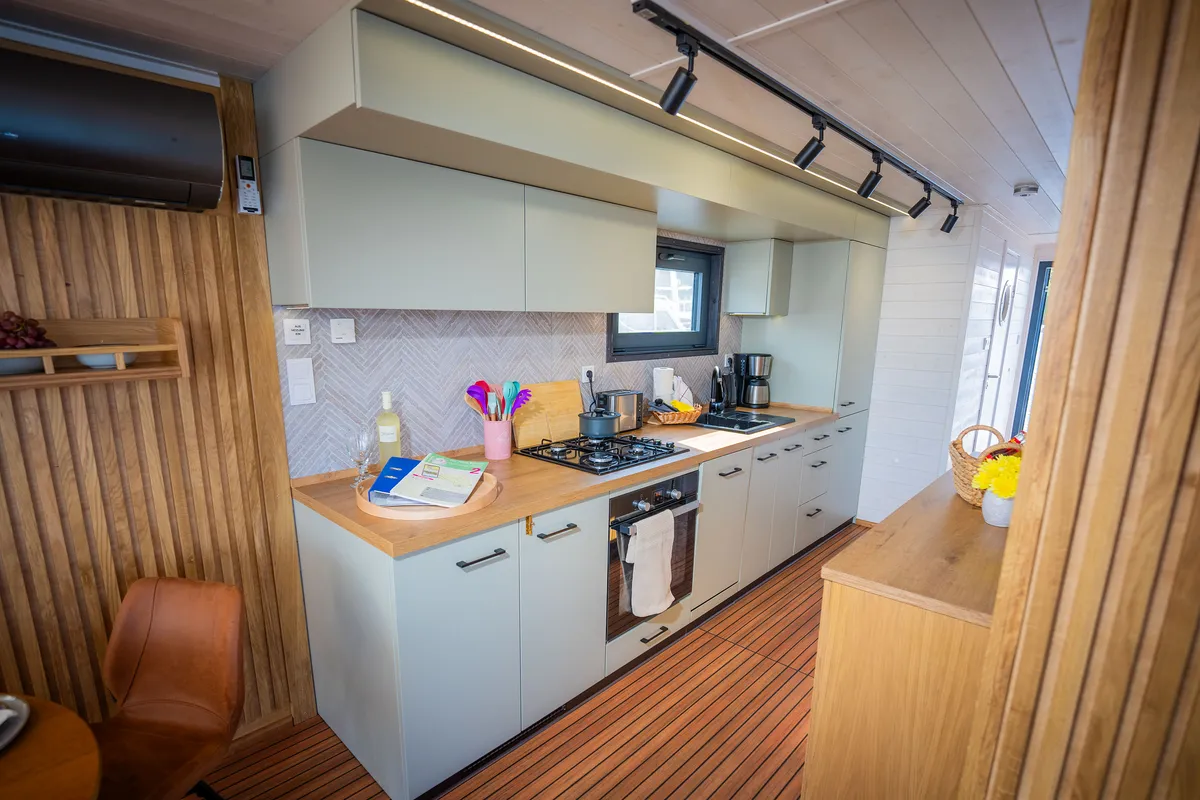 Galley of Frigga, a Woma D13 motorboat at Fürstenberg/Havel, Germany