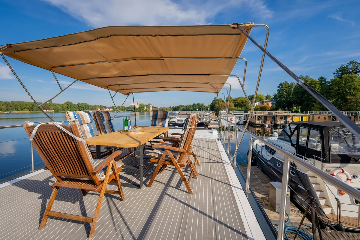 Deck of Frigga, a Woma D13 motorboat at Fürstenberg/Havel, Germany