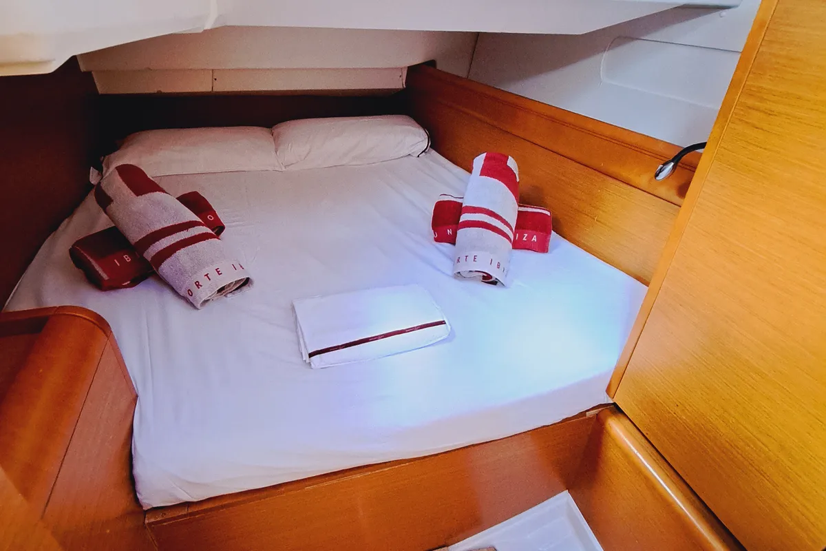 Cabin on MIENTRAS TANTO, a Jeanneau Sun Odyssey 449 sailboat at Sant Antoni de Portmany, Spain