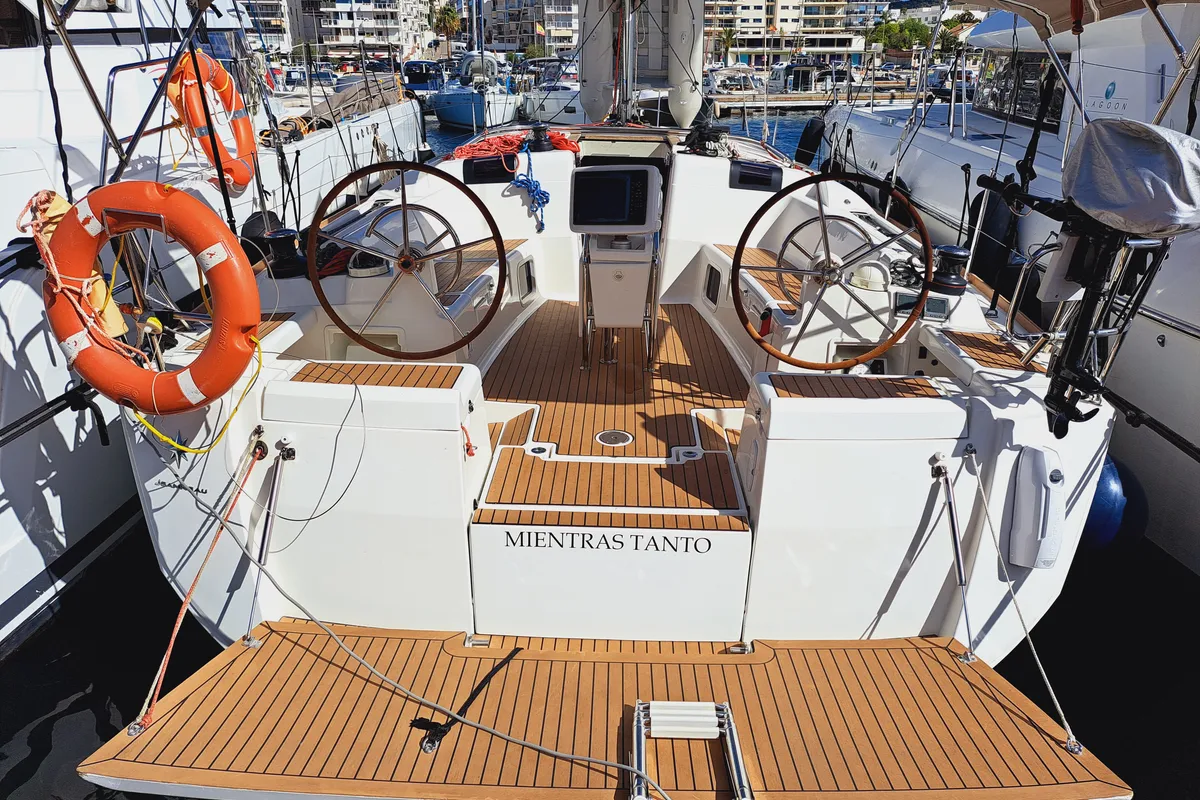 Cockpit of MIENTRAS TANTO, a Jeanneau Sun Odyssey 449 sailboat at Sant Antoni de Portmany, Spain