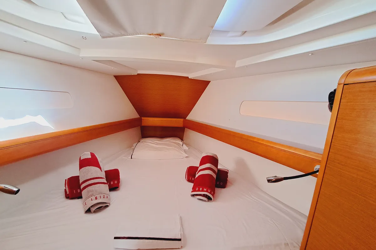 Cabin on MIENTRAS TANTO, a Jeanneau Sun Odyssey 449 sailboat at Sant Antoni de Portmany, Spain
