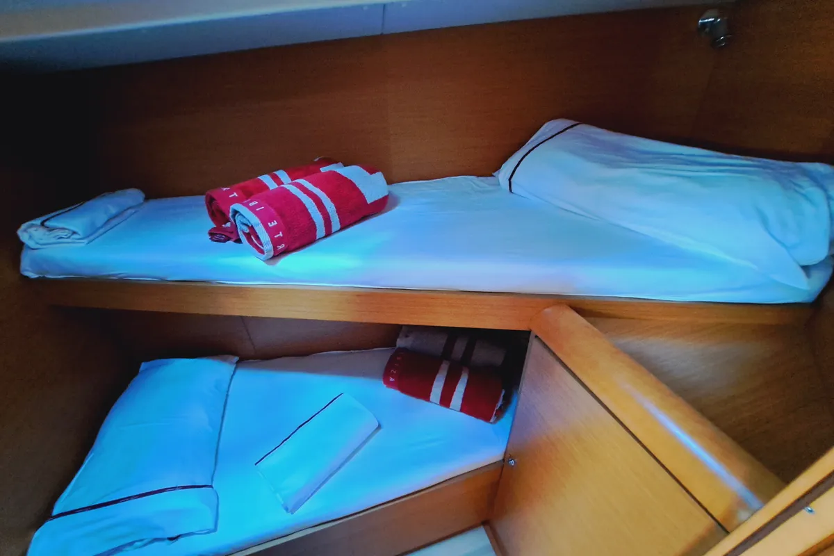Cabin on MIENTRAS TANTO, a Jeanneau Sun Odyssey 449 sailboat at Sant Antoni de Portmany, Spain