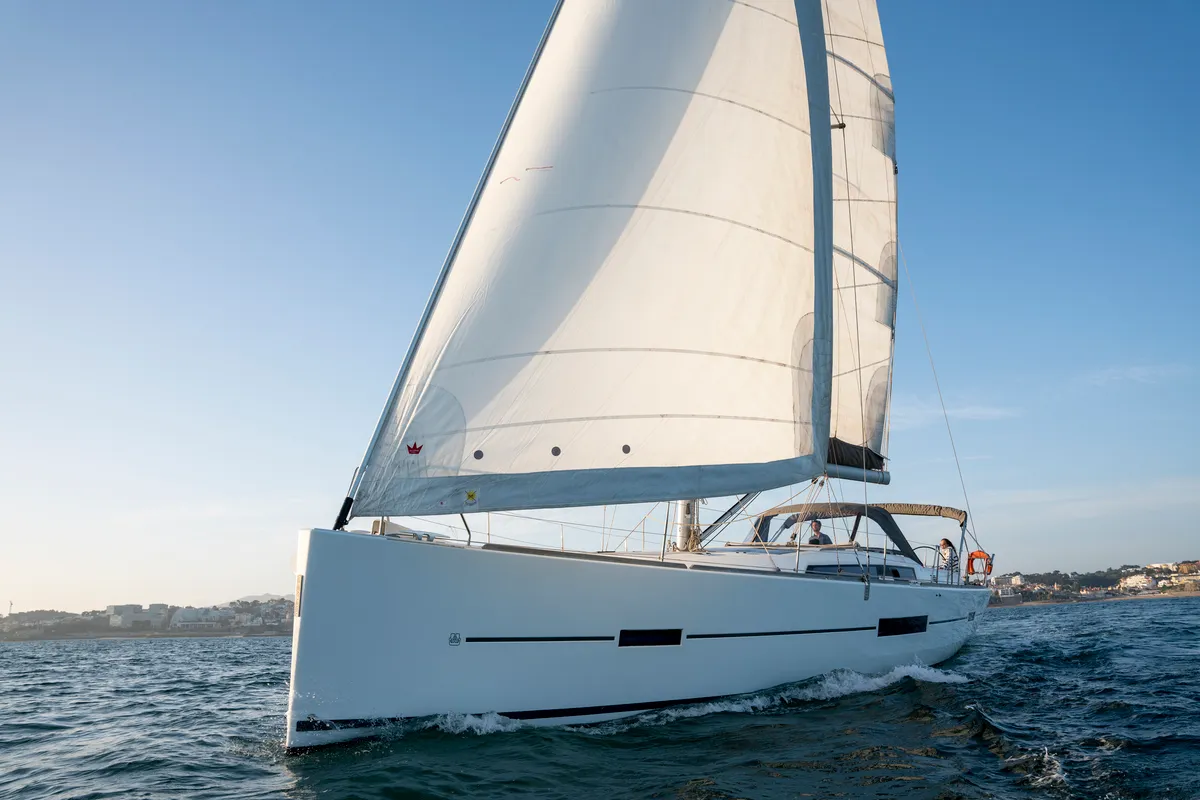 Exterior view of Bayanbar, a Dufour 500 Grand Large sailboat at Olbia, Italy
