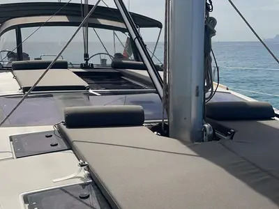 Deck of Bayanbar, a Dufour 500 Grand Large sailboat at Olbia, Italy