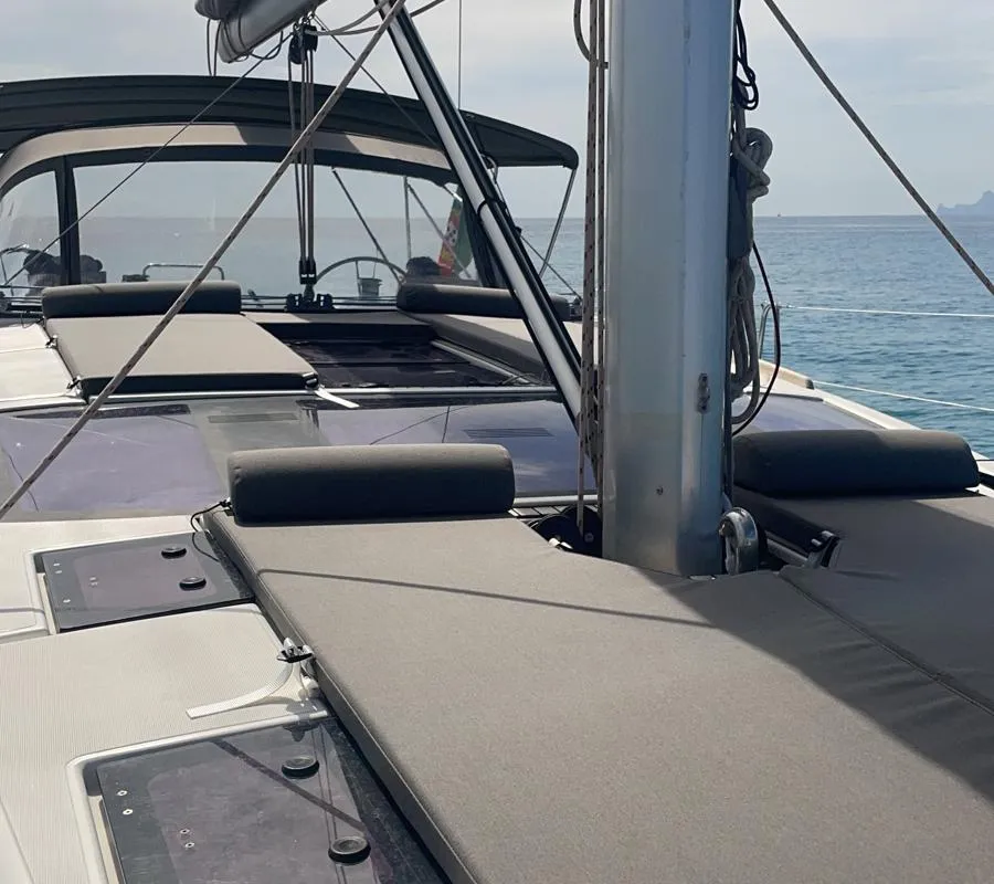 Deck of Bayanbar, a Dufour 500 Grand Large sailboat at Olbia, Italy