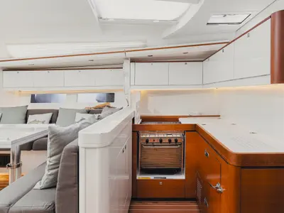 Galley of Bayanbar, a Dufour 500 Grand Large sailboat at Olbia, Italy