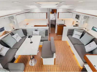 Salon of Bayanbar, a Dufour 500 Grand Large sailboat at Olbia, Italy