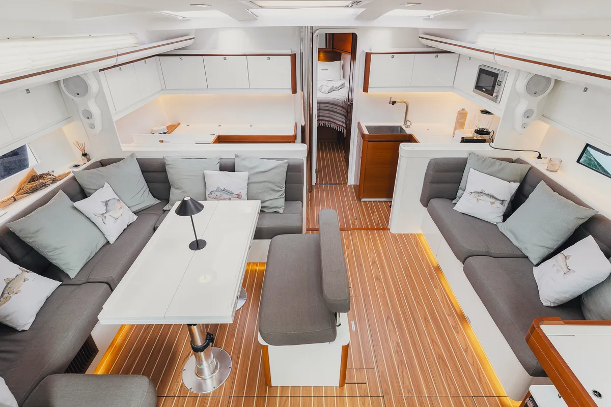 Salon of Bayanbar, a Dufour 500 Grand Large sailboat at Olbia, Italy
