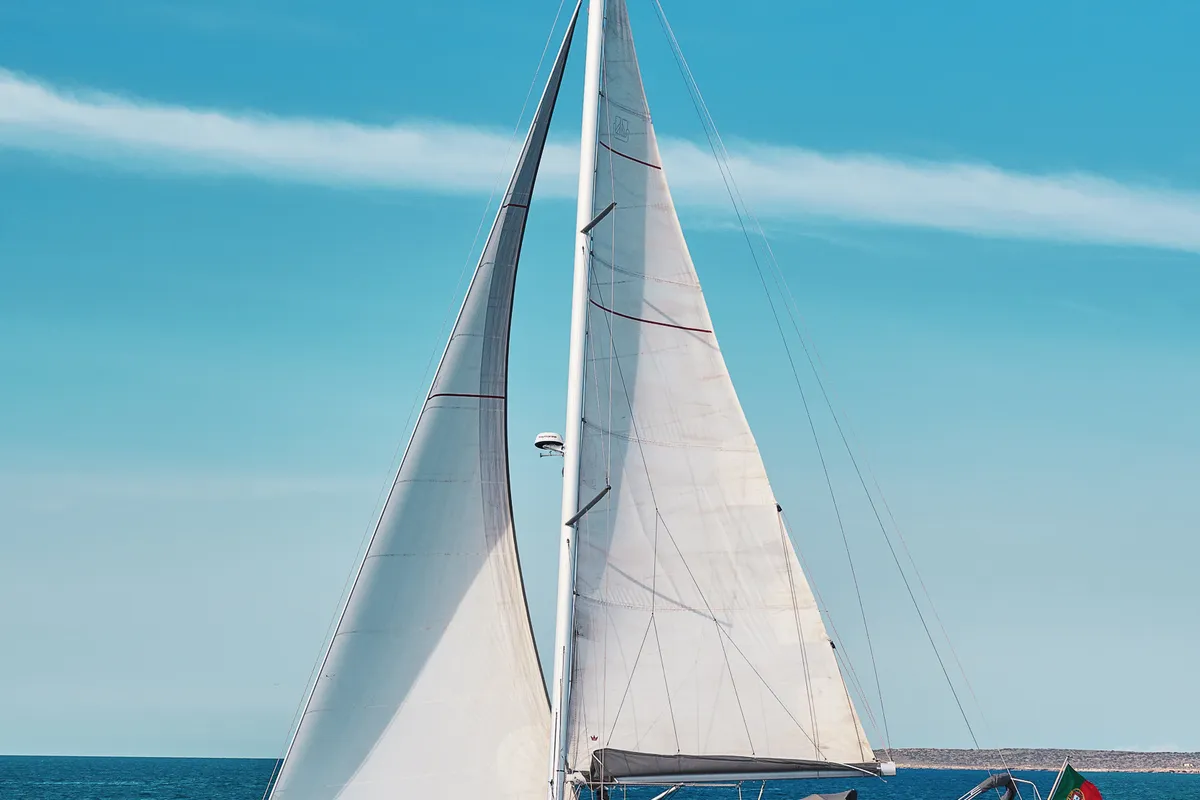 Exterior view of Bayanbar, a Dufour 500 Grand Large sailboat at Olbia, Italy
