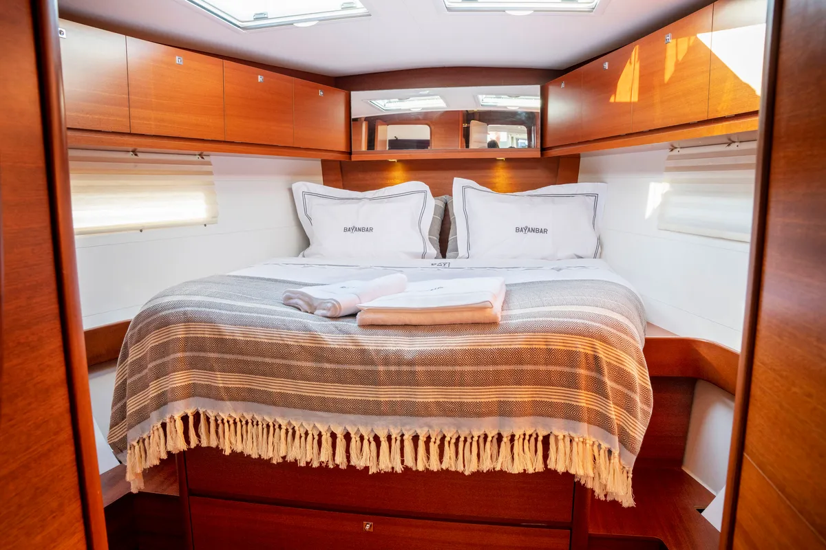 Cabin on Bayanbar, a Dufour 500 Grand Large sailboat at Olbia, Italy