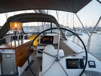 Cockpit of Bayanbar, a Dufour 500 Grand Large sailboat at Olbia, Italy