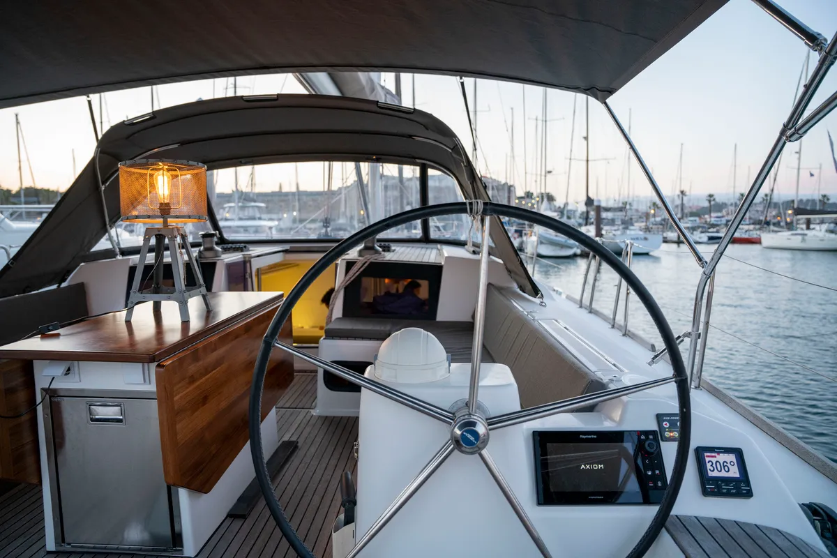 Cockpit of Bayanbar, a Dufour 500 Grand Large sailboat at Olbia, Italy