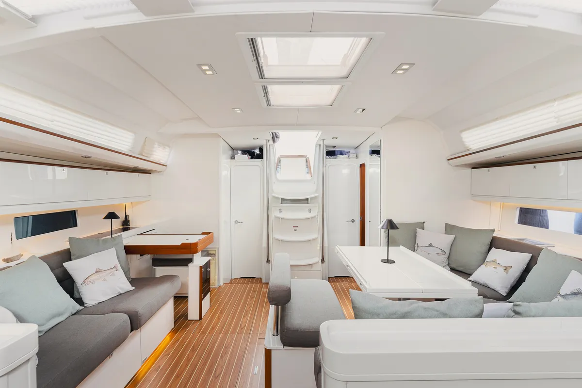 Salon of Bayanbar, a Dufour 500 Grand Large sailboat at Olbia, Italy