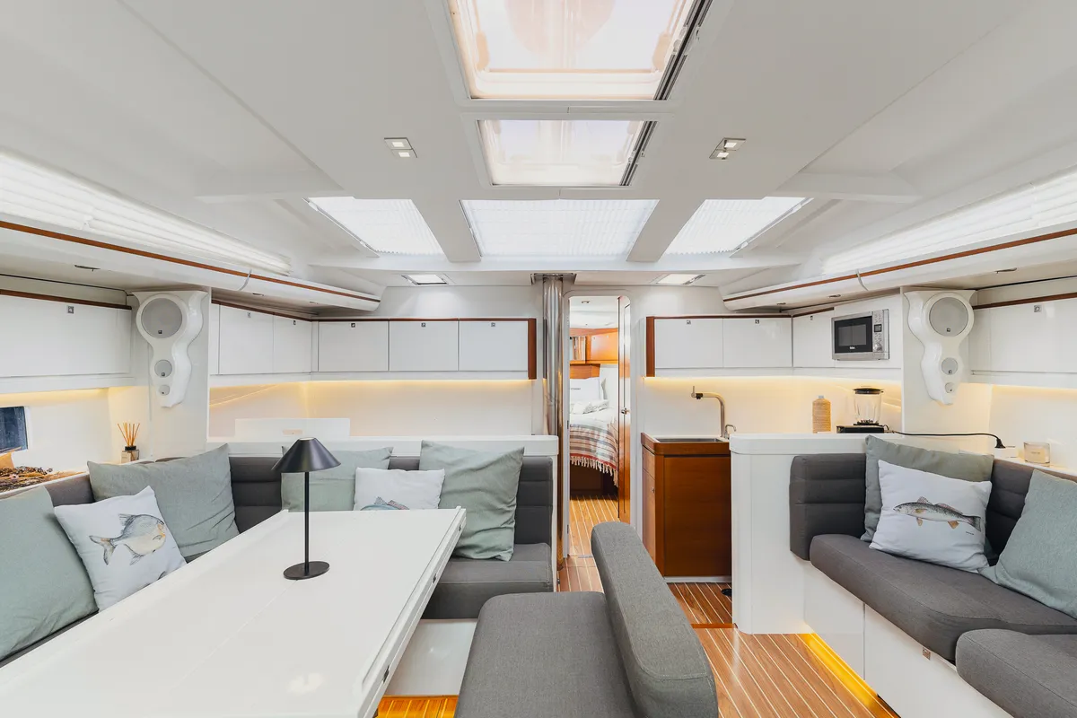 Salon of Bayanbar, a Dufour 500 Grand Large sailboat at Olbia, Italy
