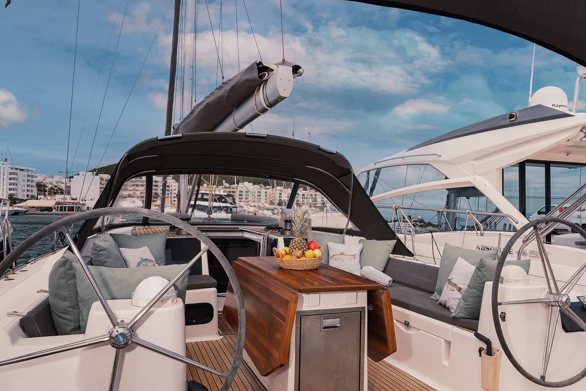 Deck of Bayanbar, a Dufour 500 Grand Large sailboat at Olbia, Italy