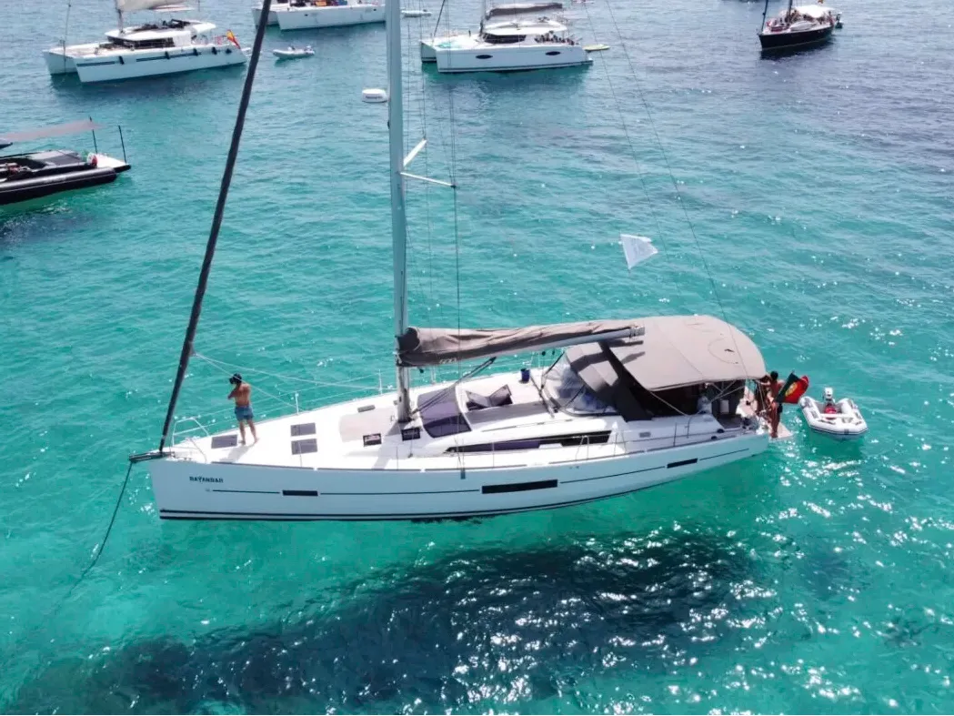 Exterior view of Bayanbar, a Dufour 500 Grand Large sailboat at Olbia, Italy