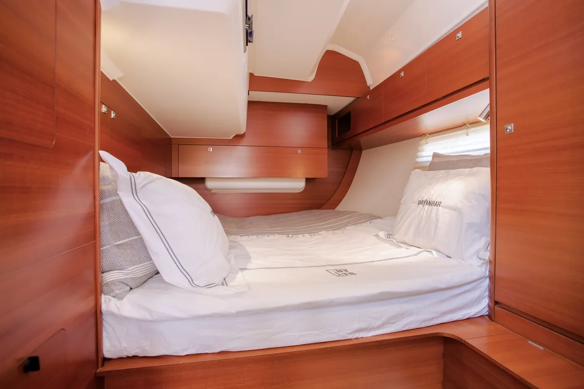Cabin on Bayanbar, a Dufour 500 Grand Large sailboat at Olbia, Italy