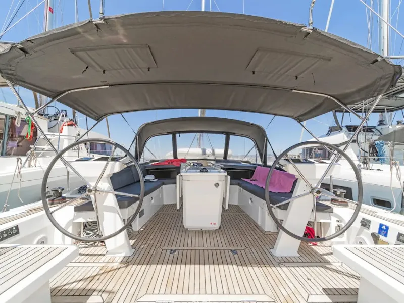 Cockpit of Esperanza, a Beneteau Oceanis 46.1 sailboat at Lavrion, Greece