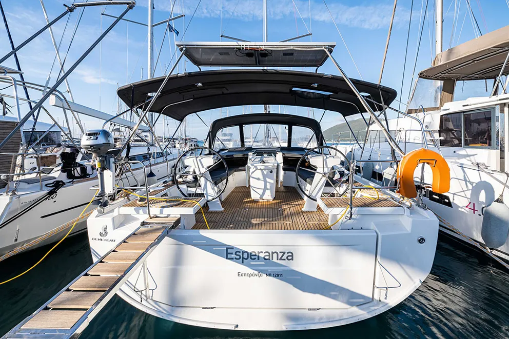 Exterior view of Esperanza, a Beneteau Oceanis 46.1 sailboat at Lavrion, Greece