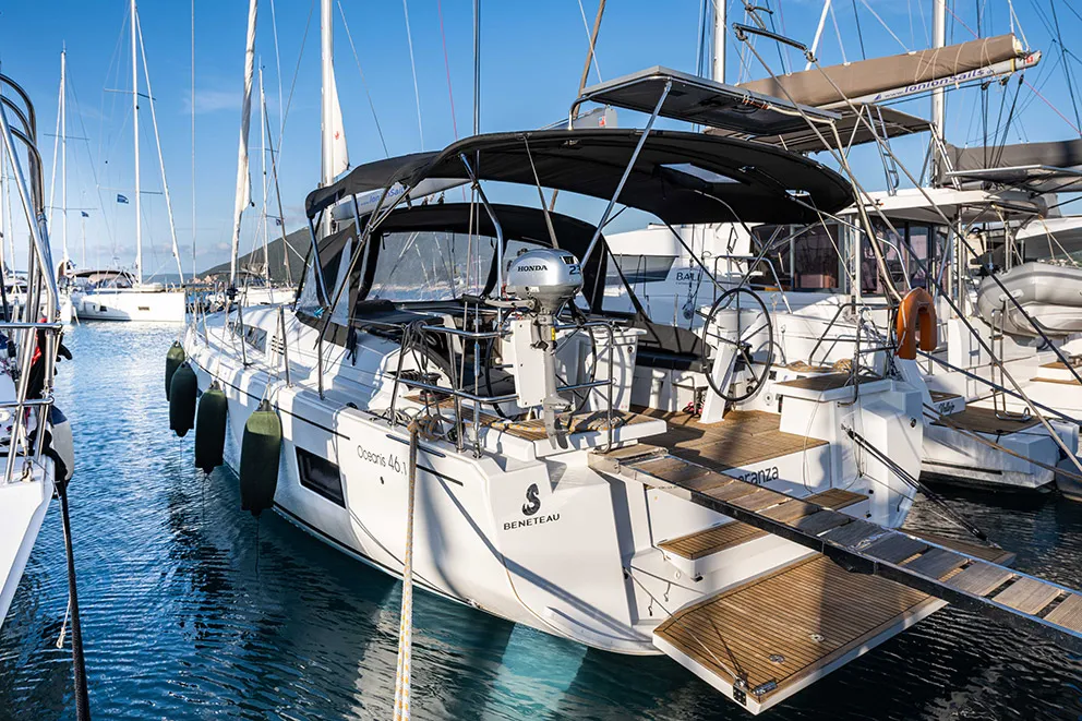 Exterior view of Esperanza, a Beneteau Oceanis 46.1 sailboat at Lavrion, Greece