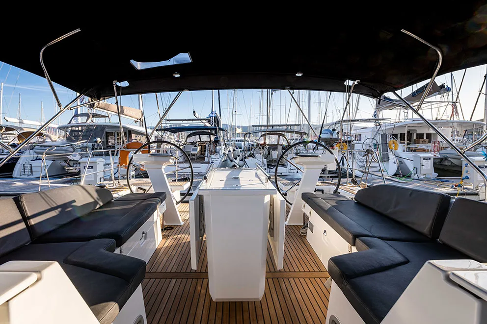 Cockpit of Esperanza, a Beneteau Oceanis 46.1 sailboat at Lavrion, Greece