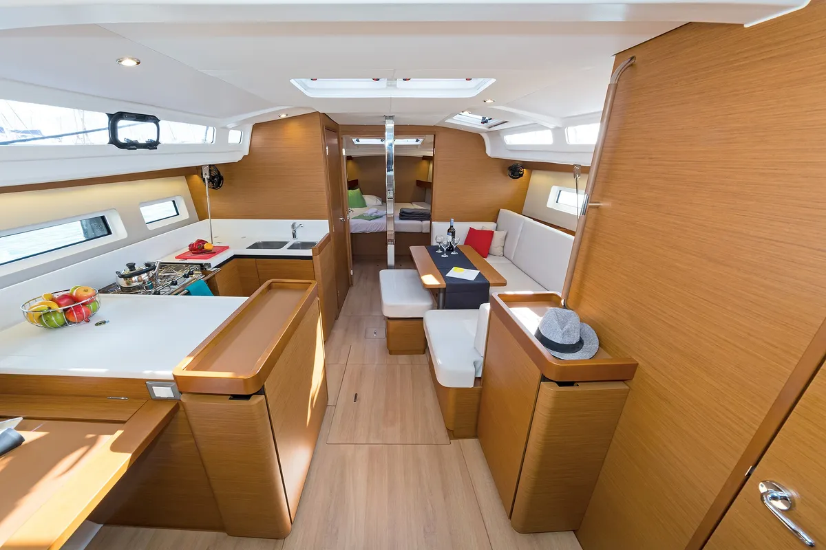 Salon of Dory, a Jeanneau Sun Odyssey 440 sailboat at Kontokali, Greece