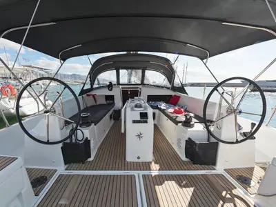 Cockpit of Dory, a Jeanneau Sun Odyssey 440 sailboat at Kontokali, Greece